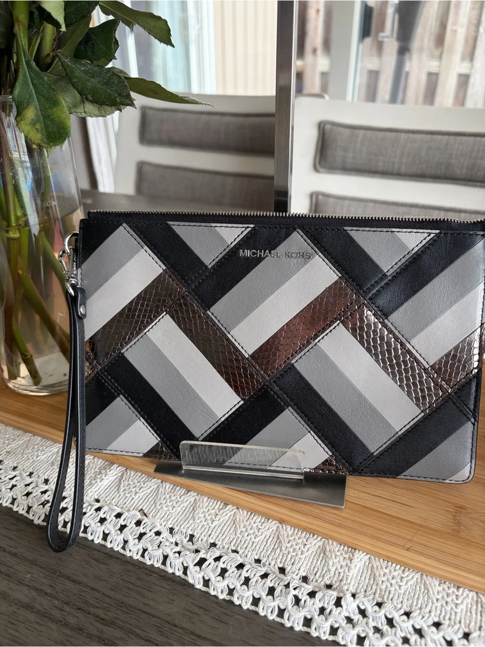 Michael Kors Black, Gray and Metallic Brown Patchwork Wristlet